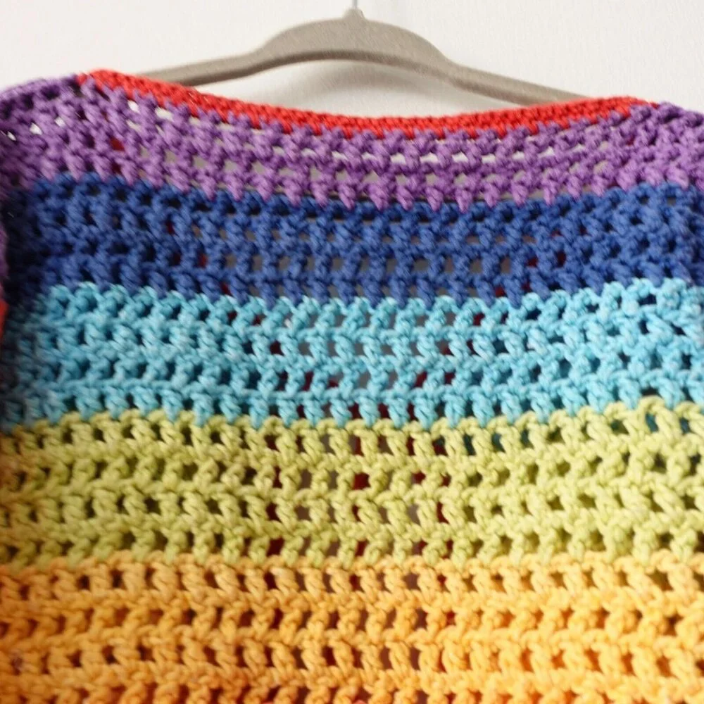 Rainbow Cropped Sweater Girls XL Cardigan Handmade Crochet‎ Bold Open Boho Y2K
